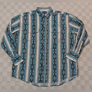 Wrangler Men's Vintage Turquoise and White Patterned Western Shirt Size XL